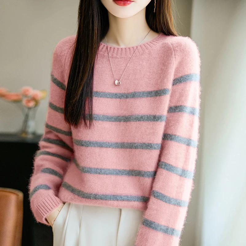 

Осень-зима, новый женский свитер из 100% мериноса, полосатый пуловер с круглым вырезом, кашемировый мягкий трикотаж, повседневная свободная толстая одежда, Лидер продаж