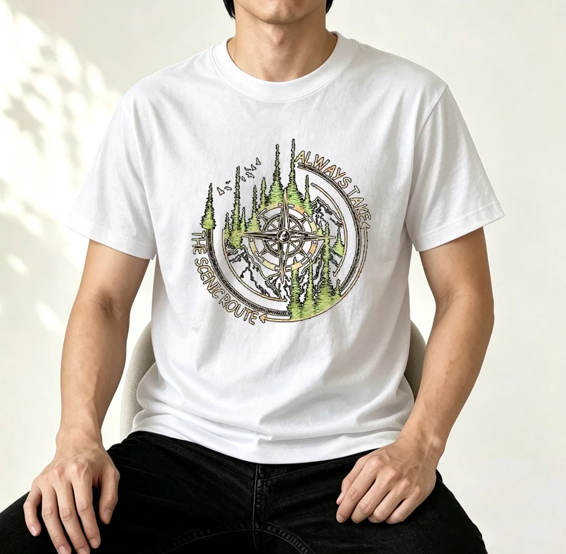 Always Take The Scenic Route Compass Graphic T-Shirt Mountain Pine Tree Wilderness Adventure Tee Unisex for Hikers Travelers