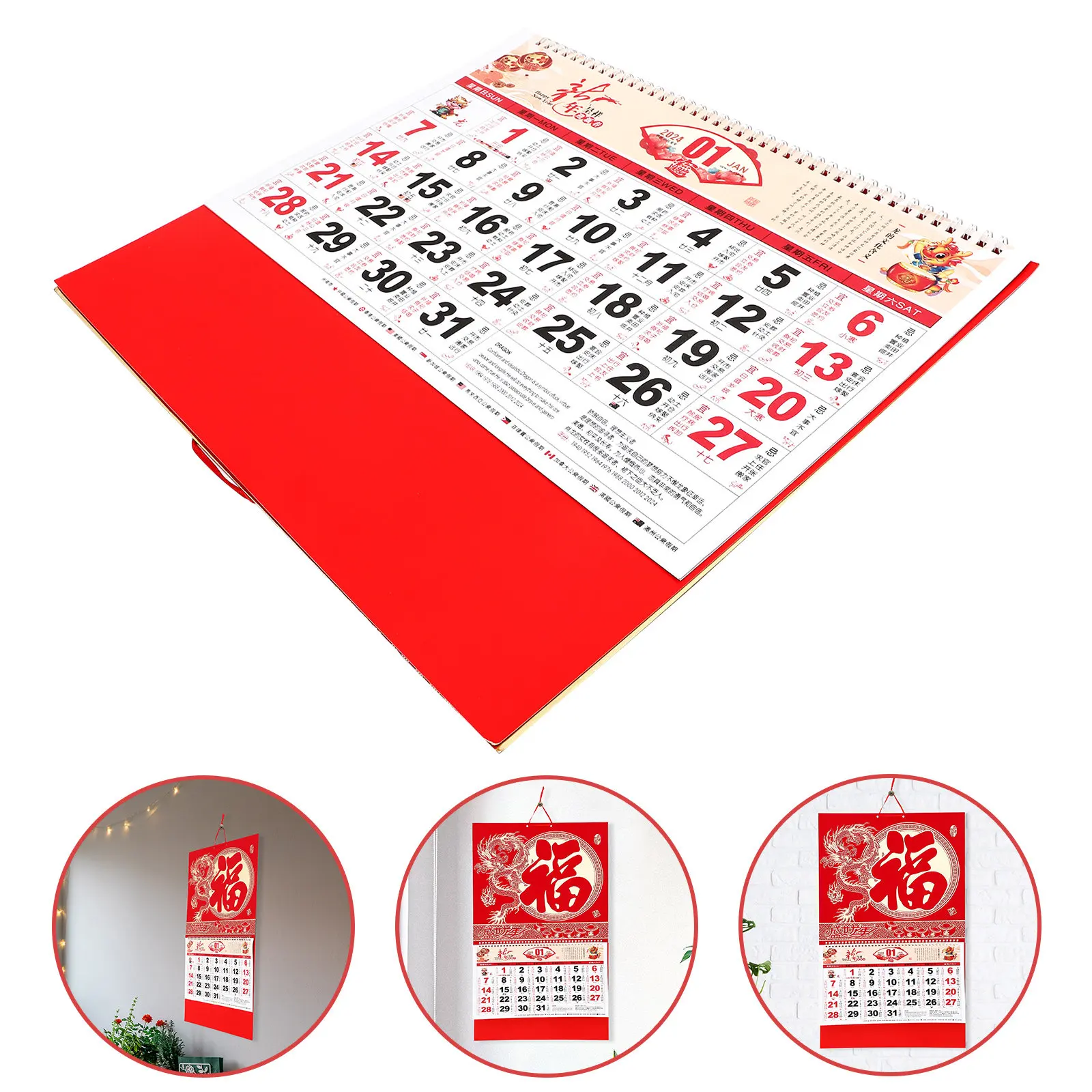 

2024 Hanging Calendar Dragon Year Chinese Lunar Wall Calendar Clear Large Print Thick Paper Strong Binding Lunar Date Info