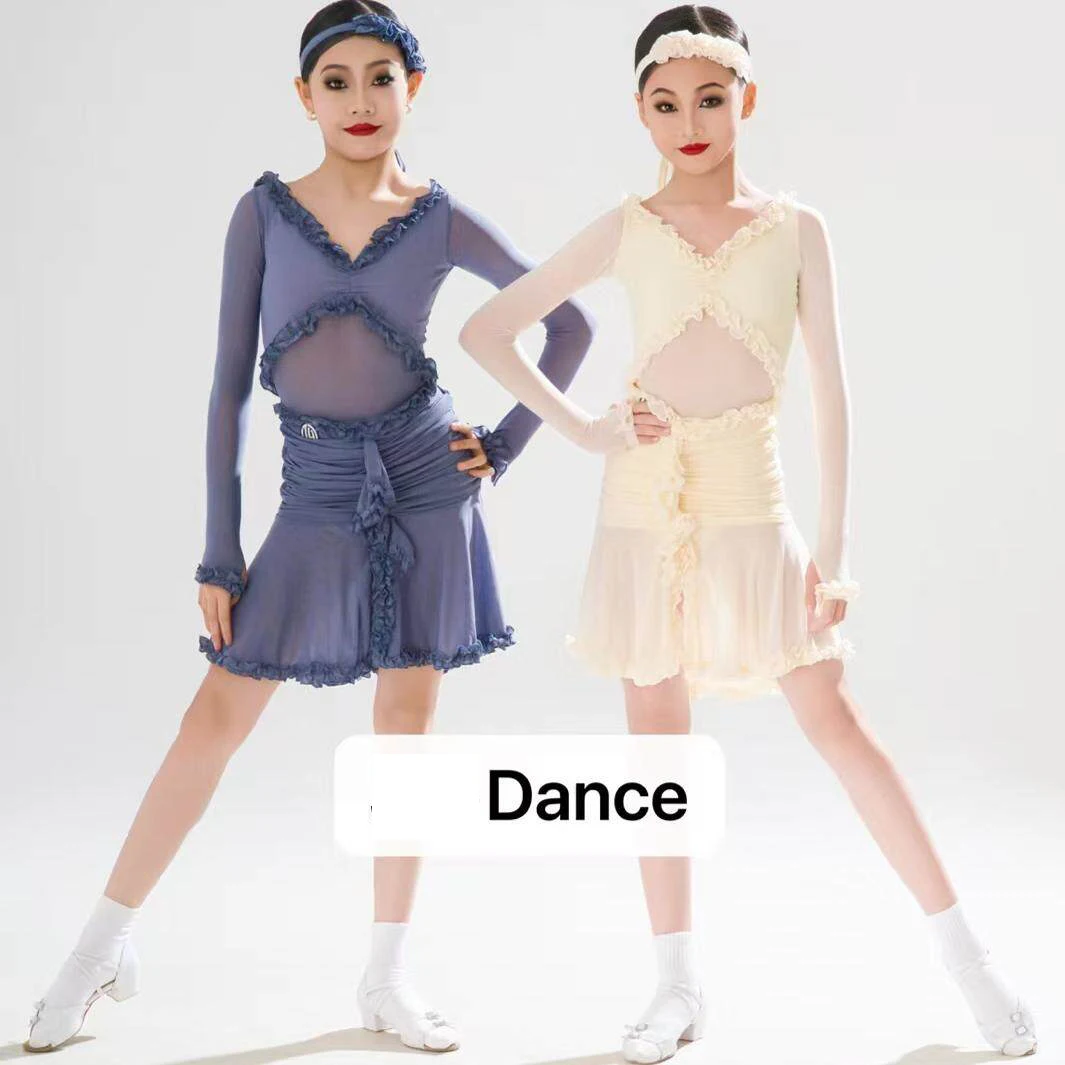 

2026 Latin Dance Performance Costumes For Girls Long Sleeved Small V-Neck Mesh Top Pleated Skirt Suit Kids Latin Wear DQS21925