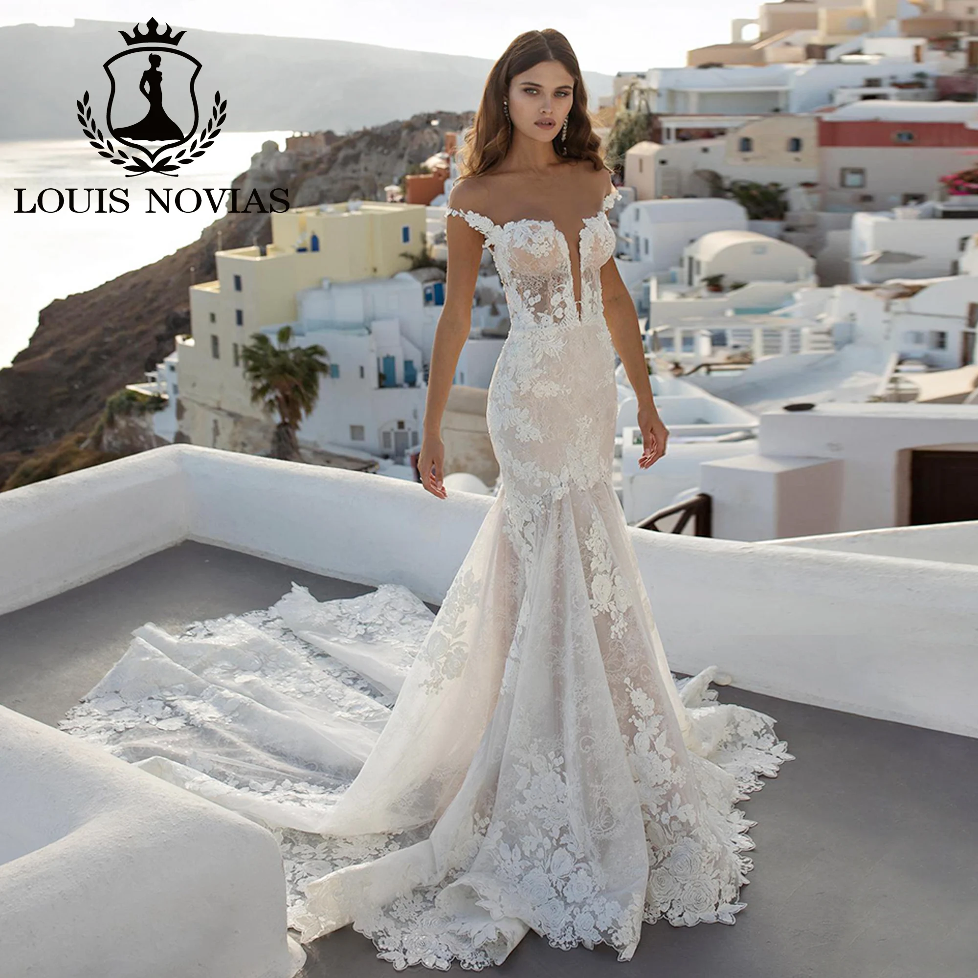 LOUIS NOVIAS Mermaid Wedding Dress Off the Shoulder Sexy Sweetheart Button Tulle Champagne Trumpet Wedding Gown Vestido De Novia