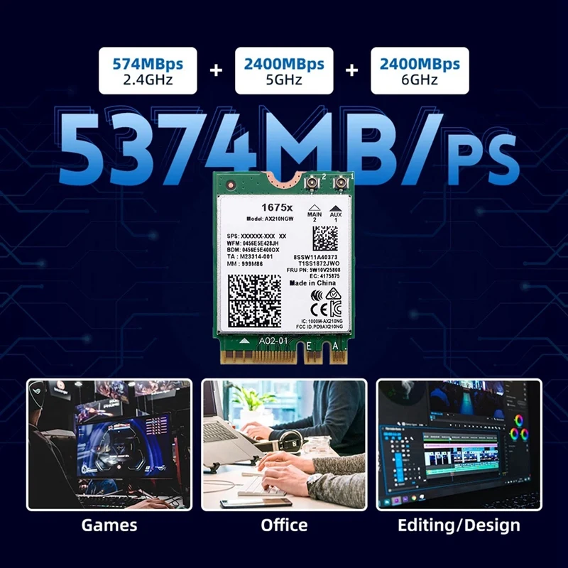 Imagem -04 - Adaptador Wi-fi com Antena para 1675x Cartão Wi-fi Ax210ngw Ax1675x Wi-fi 6e 802.11ax 2.4g 5g 6g 5374mbps bt 5.2 M.2 Ngff