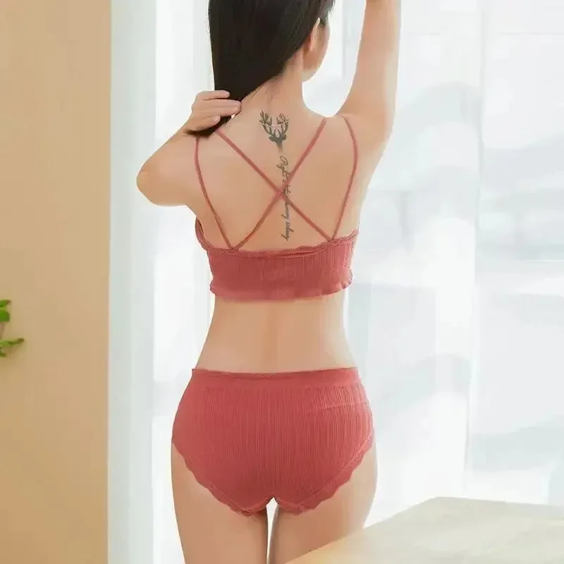 Conjunto de Tops sexis sin costuras, bragas de cintura alta, ropa interior inalámbrica para mujer, conjunto de sujetadores acolchados suaves, Bralette con espalda al aire, lencería