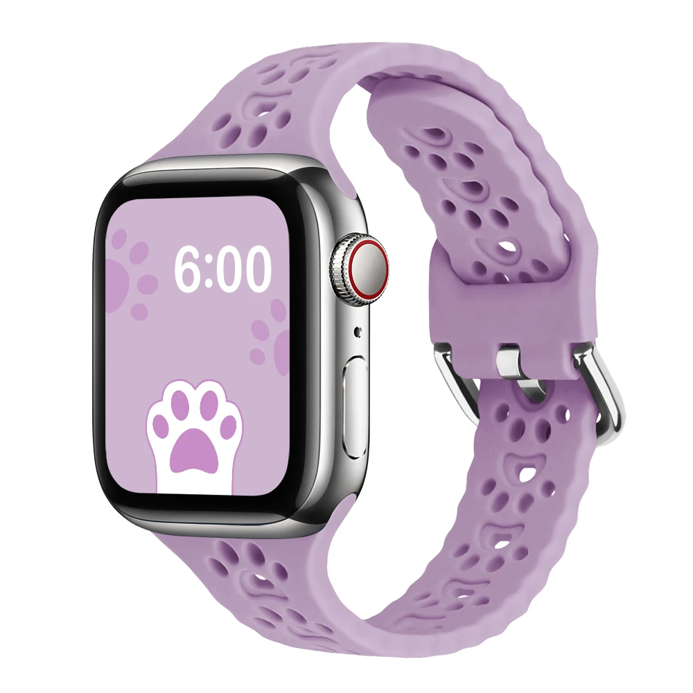 Slim Silicone Strap For Apple Watch Band 44mm 40mm 38mm 42mm Breathable Soft 45/41mm Cat Paw Design Bracelet iWatch 7 6 5 4 3 SE