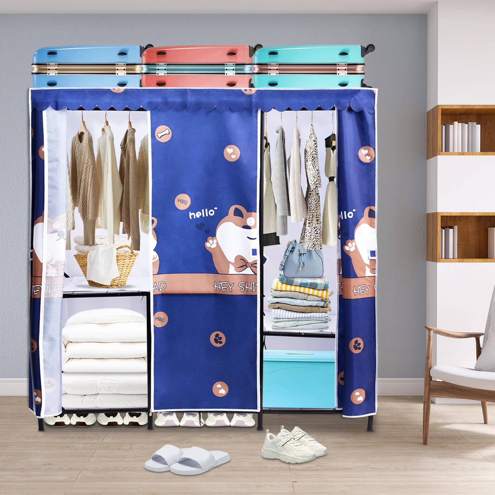 خزانة ملابس قابلة للطي، خزانة ملابس محمولة، خزانة ملابس شديدة التحمل، منظم ملابس 1984.1 رطل مع غطاء من القماش #6