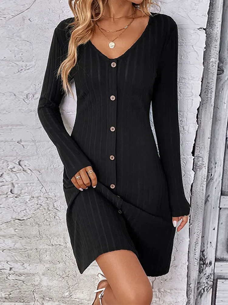 2024 Elegant Spring Sweater Dress Fashion V Neck Button Long Sleeve Streetwear Outfit Women Beachwear Coverup A-line Skirt A2781