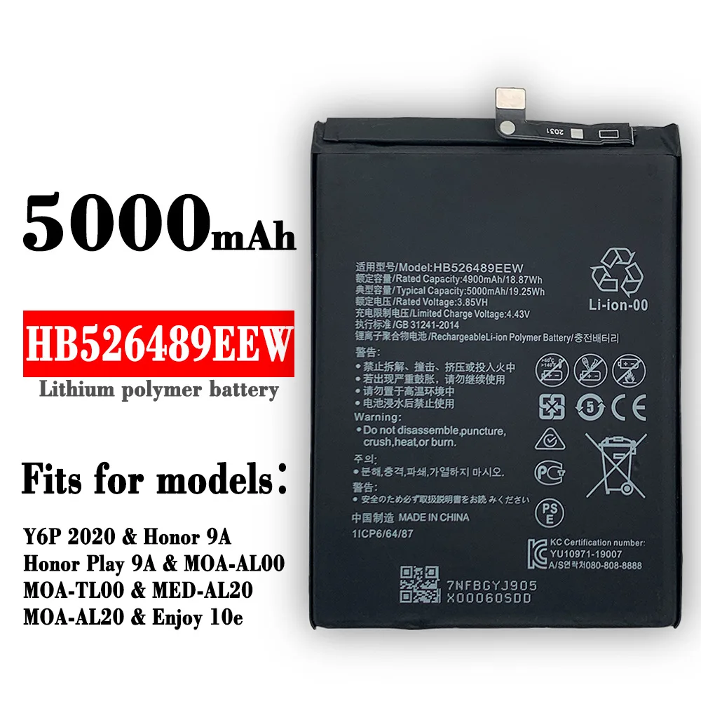 

New 5000mAh HB526489EEW Phone Battery For Huawei Y6p Enjoy 10e AL20 5G SE Honor 9A Play Play9A MOA-TL00 AL00 Battery