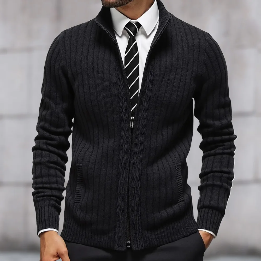 

Вязаный кардиган, осенне-зимний новый облегающий свитер с воротником-стойкой и длинными рукавами на молнии, мужская одежда больших размеров