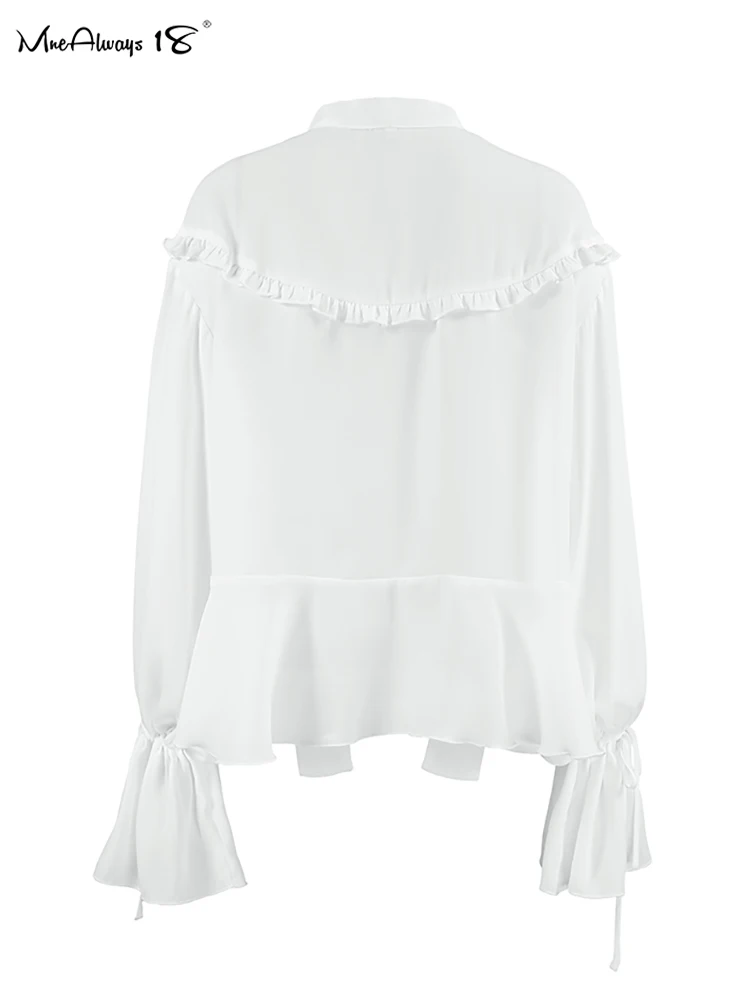 Mnealways18 Chiffon White Frill Blouses For Women Flare Sleeves Irregular Perspective Oversize Shirts Autumn 2024 Female Sunwear