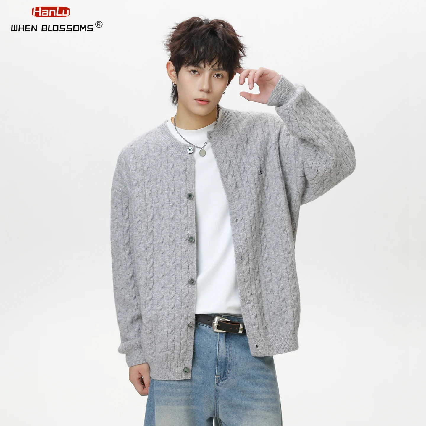 Hanlu 2025 الرجال كابل سترة متماسكة لينة محكم سترة المتضخم خمر الشارع الشهير دافئ الخريف بلوفر شتوي #6