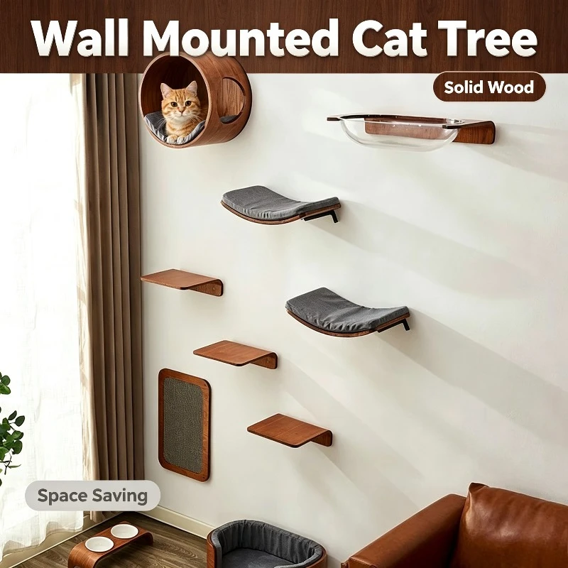 Wall Mounted Cat Tree Solid Wood Cat Wall Shelves Space Saving Indoor Cats Cave Bed Scratching Board Climbing Steps Furniture