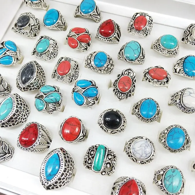 10pcs Colorful Natural Stone Rings Jewelry For Women Men Vintage Antique Silver Plated Rings Wholesale Jewelry Anillos