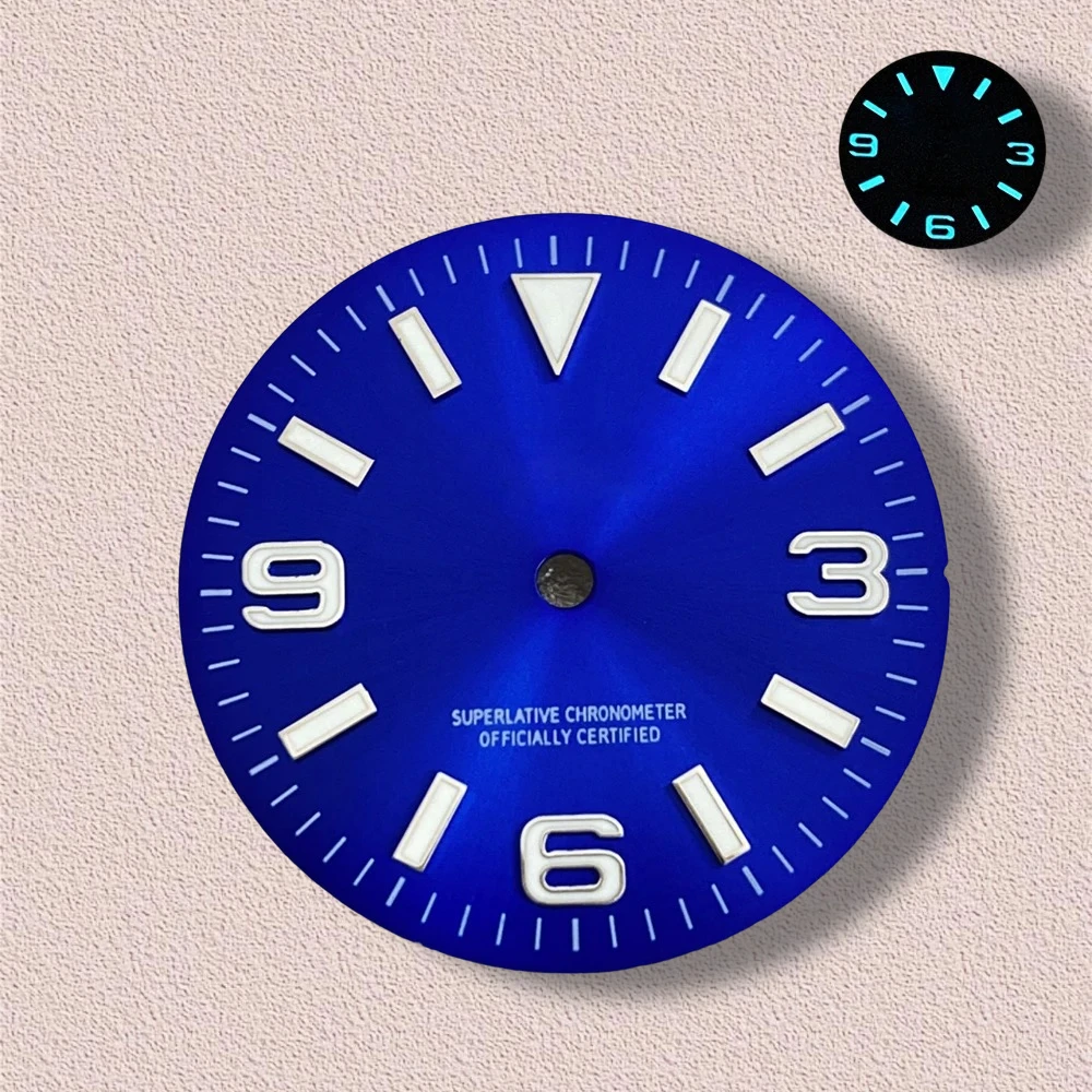 28.5mm S Logo Ex plorer Sunburst Dial Fit NH35/NH36/4R/7S Movement Ice Blue Luminous high-Quality Watch Modification Accessories