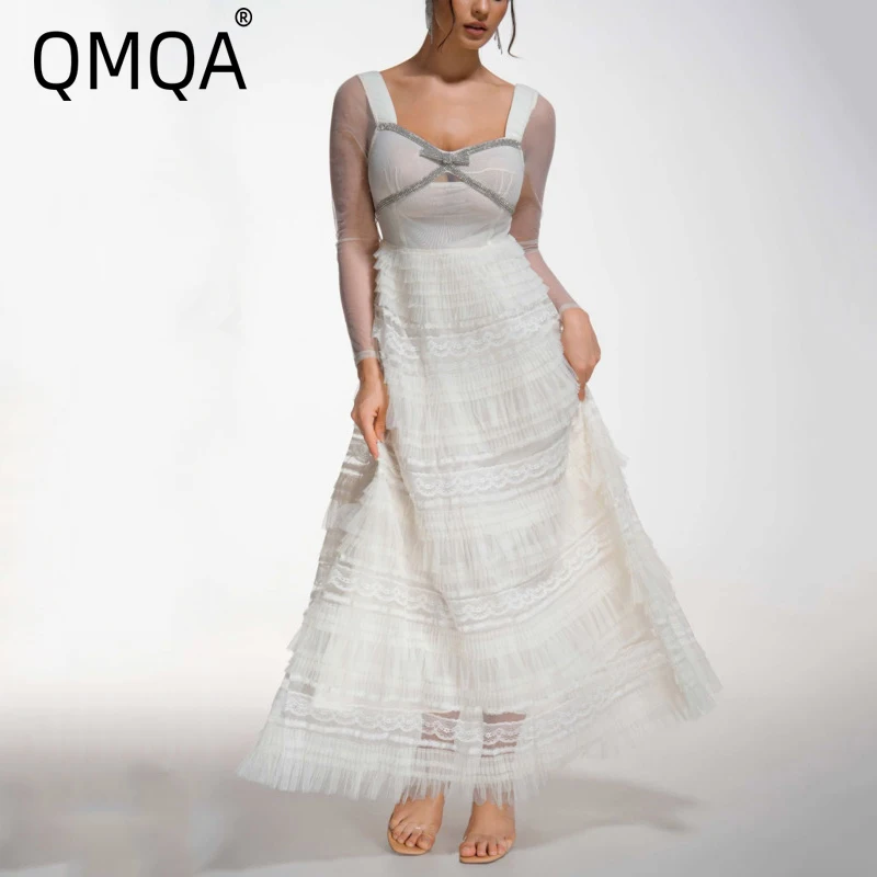 

QMQA Fashion Women's Elegamt Dress Transparent Long Sleeved Diamonds Spliced Banquet Evening Dresses 2025 New Clothing 1A660