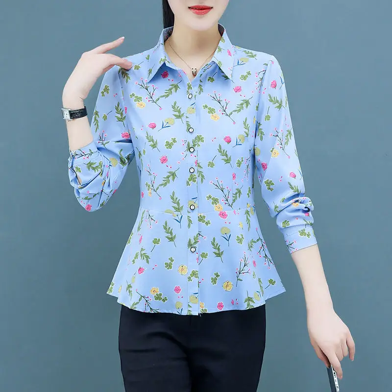 New All-match Long Sleeve Women\'s Clothing 2023 Spring Printing Elegance Female Tops POLO Collar Button Slim Chiffon Shirt