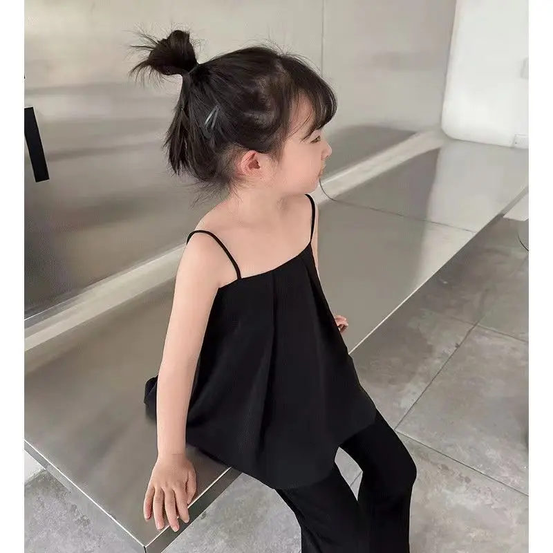 2025 Summer New Girls French Gentle Style Temperament Strapless Tank Top Set Girls A-line Tank Top Flared Pants Two Piece Set