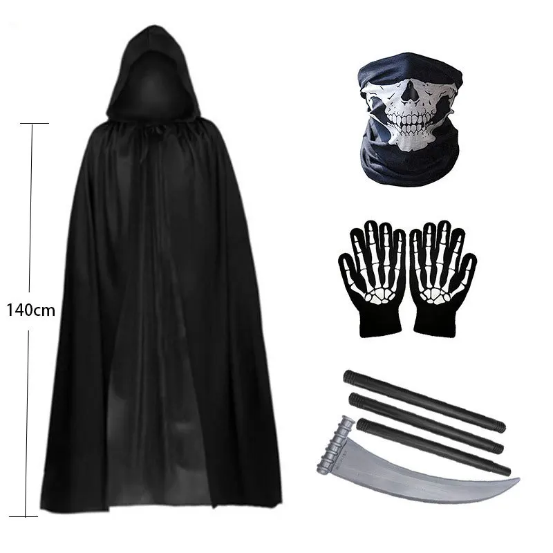 Halloween New Party Role Playing Children Adult Death Black Cloak Halloween Skull Ball Costume Prop Set Children Adult Gift