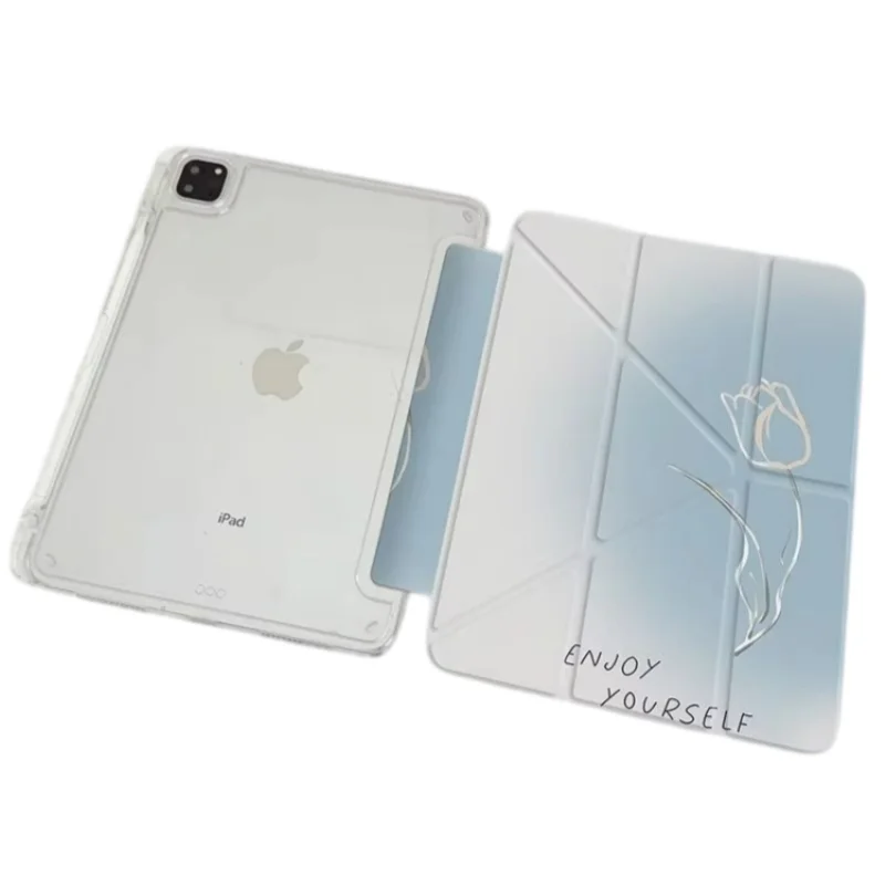Blue Gradient Tulip Floral Print Pen Slot Tablet Case For iPad 2026 Air 8 7 6 4 3 2 1 Pro 2024 11in 12th 11 10 9 8 7 6 5th Cover