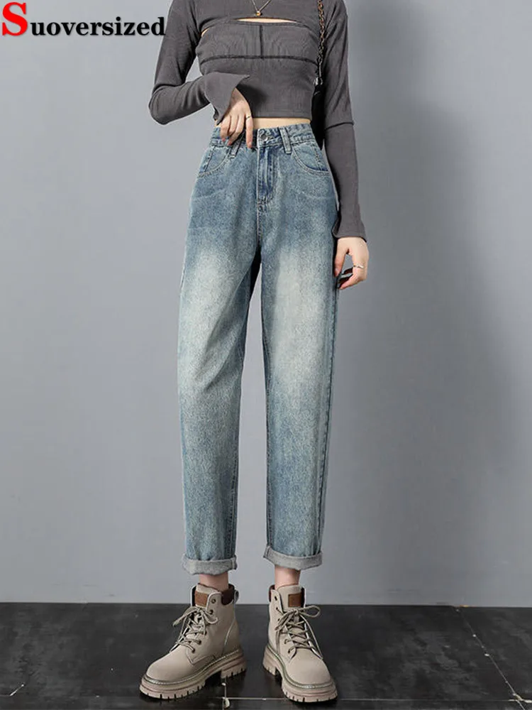 

Vintage Blue High Waist Ankle-length Harem Jeans Streetwear Fashion Casual Baggy Straight Vaqueros Korea Women New Denim Pants