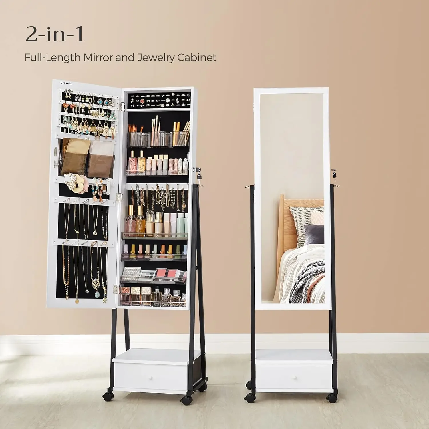 Jewelry Cabinet Floor Standing, Lockable Jewelry Organizer with High Full-Length Mirror, Bottom Drawer, Shelf, Wheels