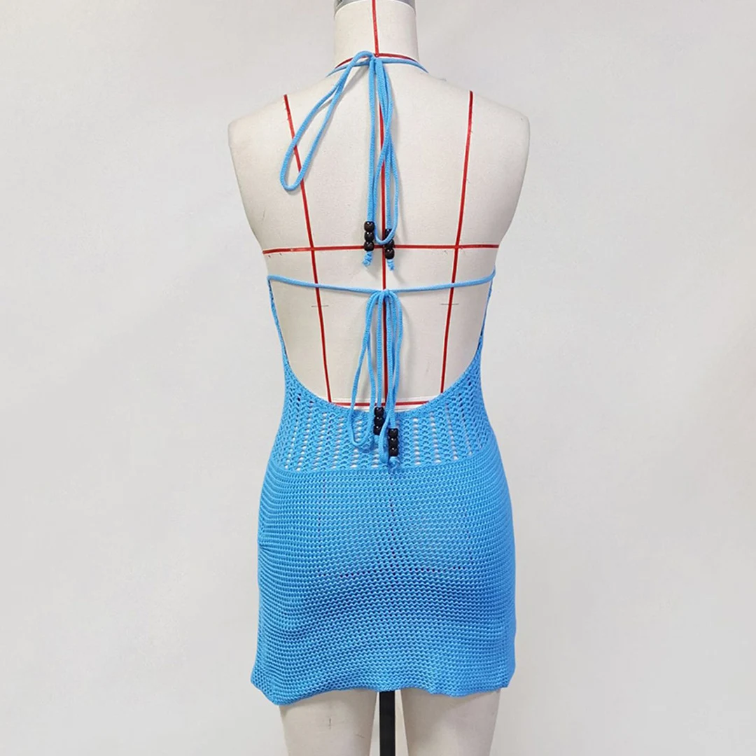 Schlankes, figurbetontes, gehäkeltes, gestricktes Strandkleid für Damen, Neckholder-Minikleid, Sommerkleid mit Ausschnitten, V-Ausschnitt, rückenfrei, sexy Partykleid V6210 – Detail 35