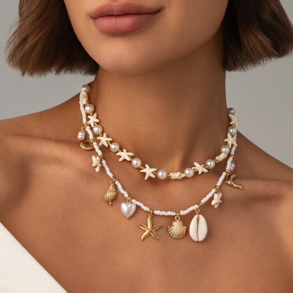 Imitation Pearl Necklace Chain Conch Shape Layer Wear Design Shell Pendant Starfish Mold Coastal Tone Holiday Decor Photo Shoot