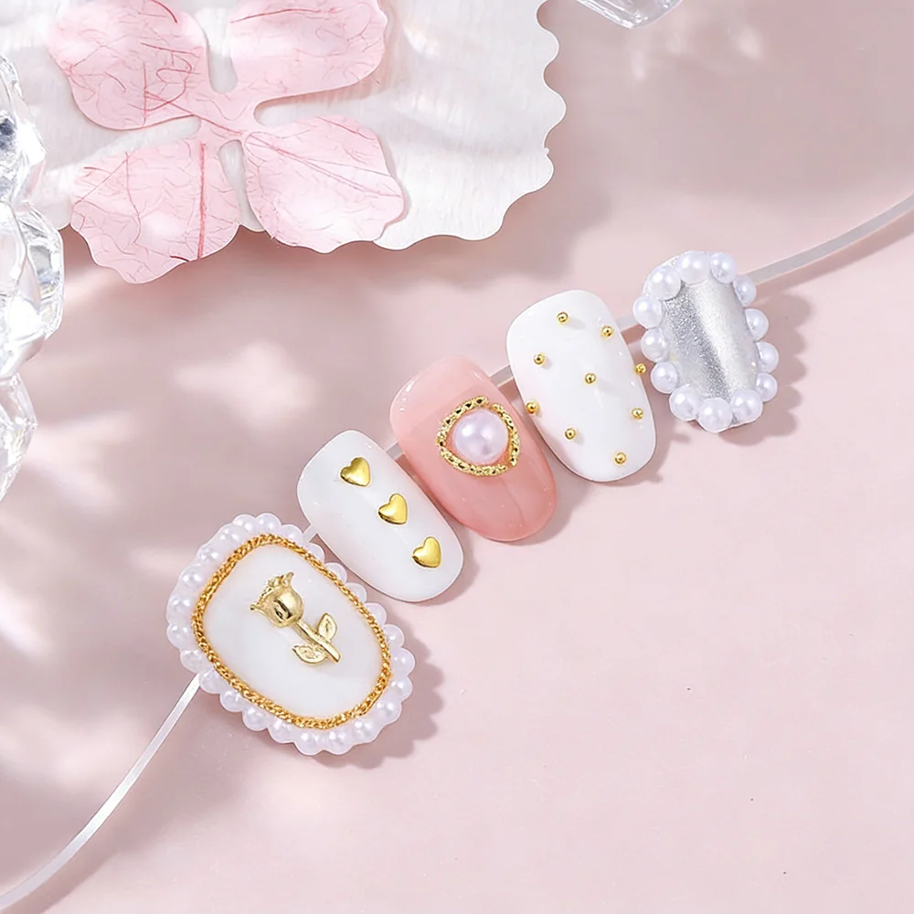 6 قطع من زينة الأظافر المعدنية على شكل قلب وردة، سلاسل ذهبية، أحجار الراين المعدنية للأظافر، خرز الكافيار الصغير، لآلئ لتزيين الأظافر