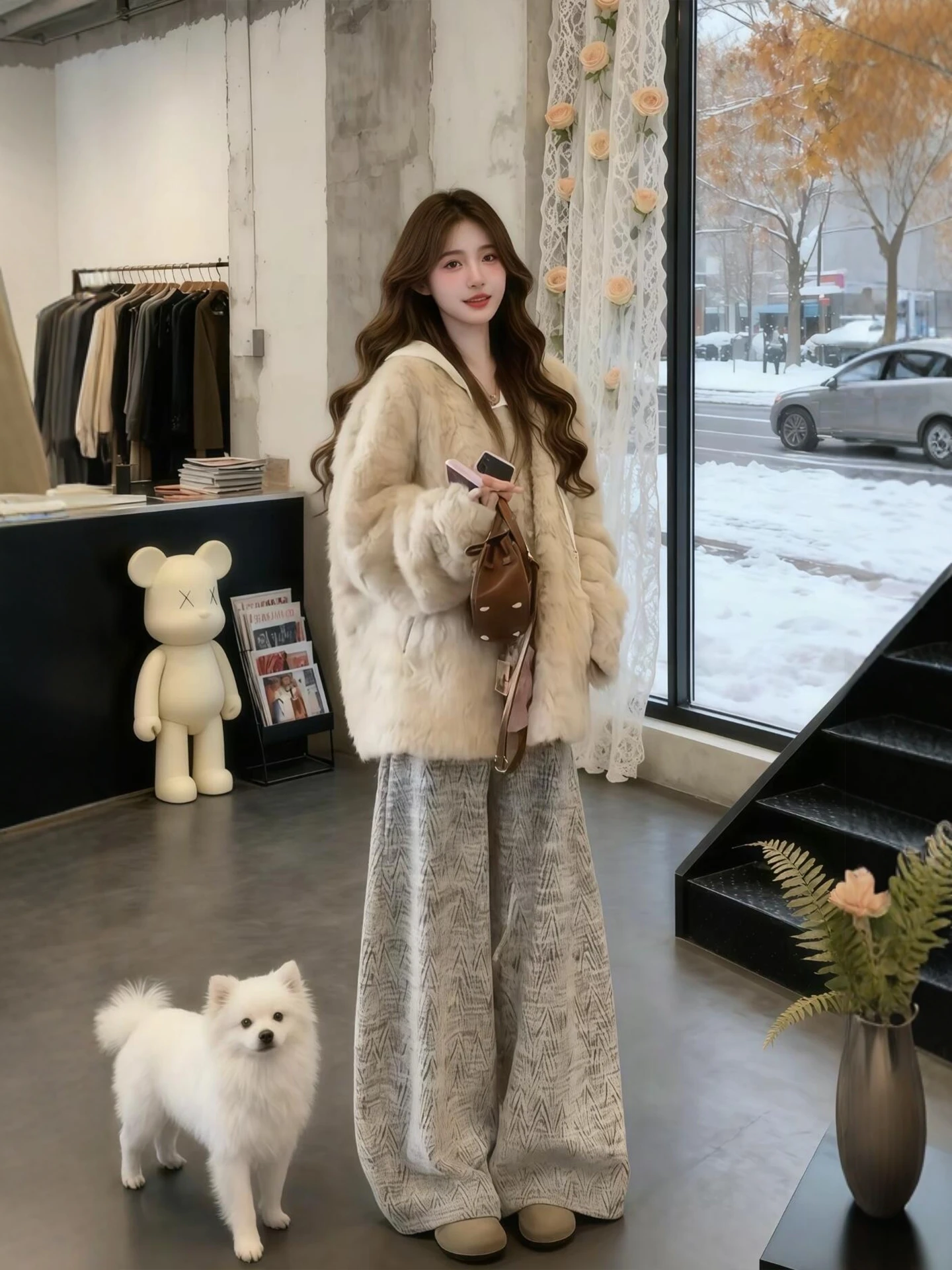 

Winter Warm Plu Jaet And Wide Leg Pants Set Women's Faion Lazy Sle Comfortable Size plus SizeMM Ensemble