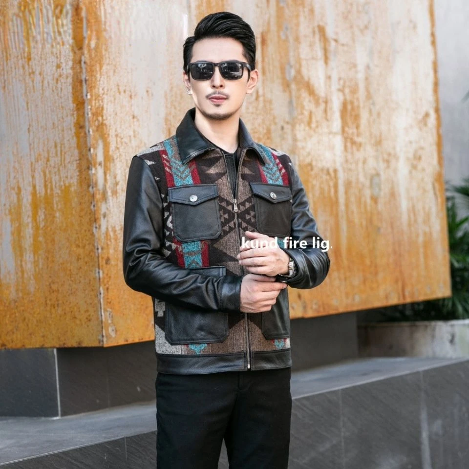 Men's Jacket Men's Coat Top Layer Cowhide Genuine Leather Coat Men's Jacket Splicing Totem Wool Leisure Slim Fit The New