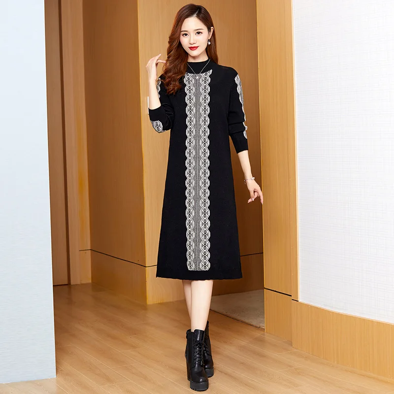 

2024 Black Patchwork Plaid Knitted Cotton Midi Dress Women Korean Vintage Sweater Dress Autumn Winter Thick Warm Party Vestidos