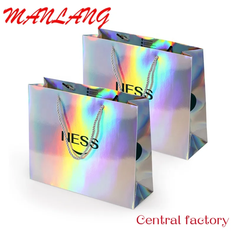 Custom  Custom your own logo printing private label beautiful holographic gift cosmetic carry bags luxury paper shopping bag wit