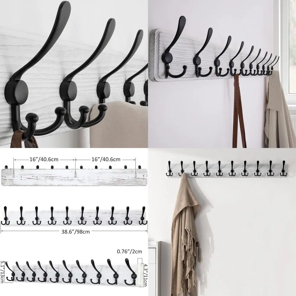 

Деревянная настенная вешалка для одежды в деревенском стиле с 10 крючками, состаренный белый цвет, длина 38,3 дюйма