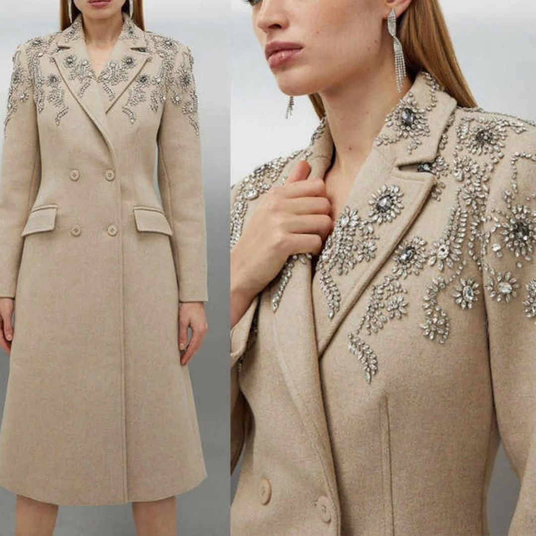 

Luxurious Crystals Women Long Coat Double Breasted Office Ladies Work Jacket Customized Birthday Party One Piece Wear