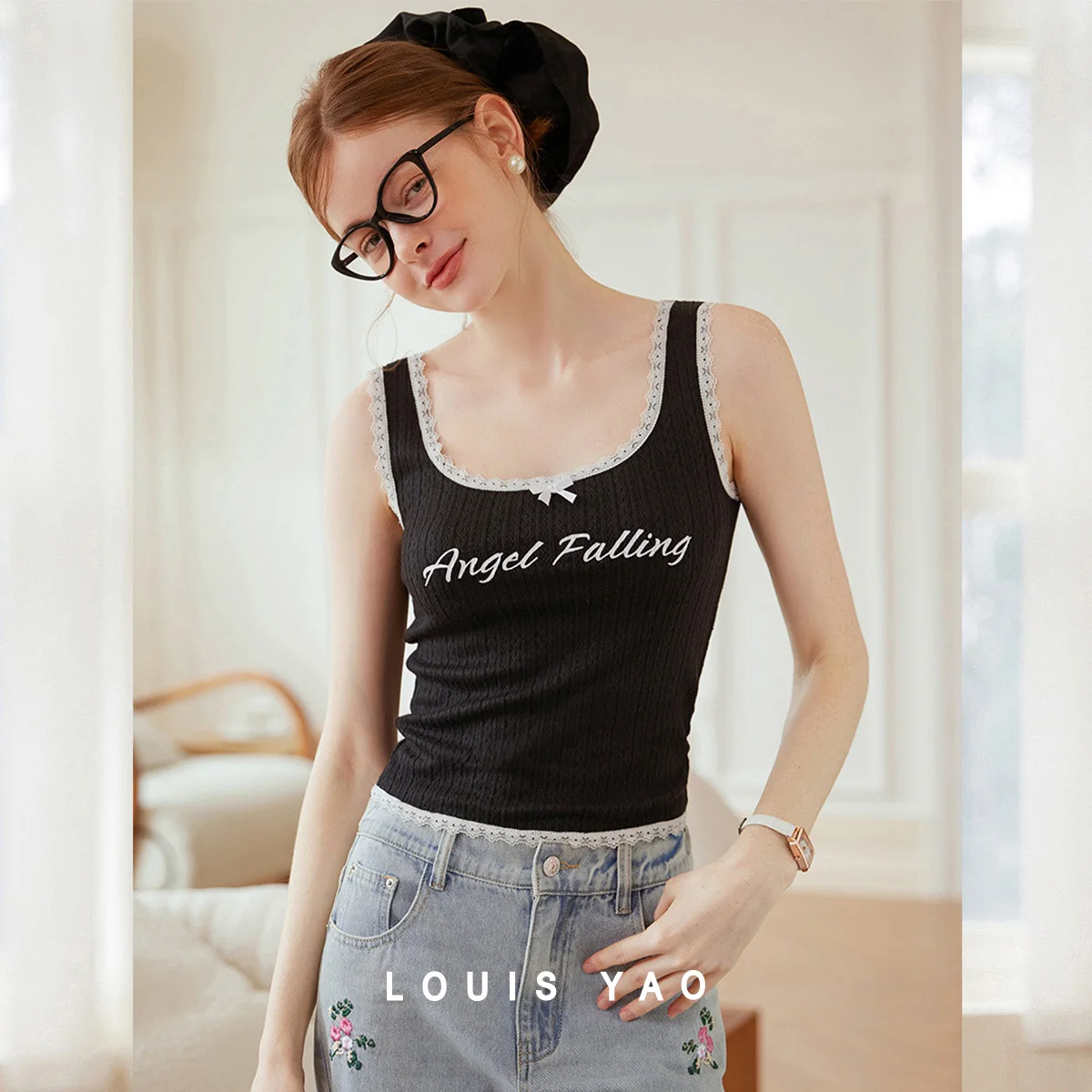 

Lace Splicing Tanks Letter Print U Neck Woman Camisoles Slim Women Bottom Tops Female Clothing Summer New 2025