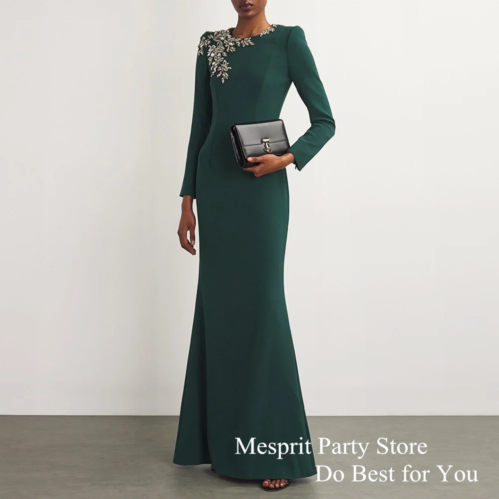 

Ink Green Mermaid Prom Dress Round Neck Full Sleeve Beading Stones Customized Party Gown for Dance Arabic Evening Dresses