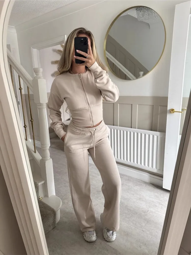

2025 New In Matching Sets 2 Pieces Set For Woman Two Piece Outfit Solid Color Drawstring Zipper Coat Pant Simple Style All-match