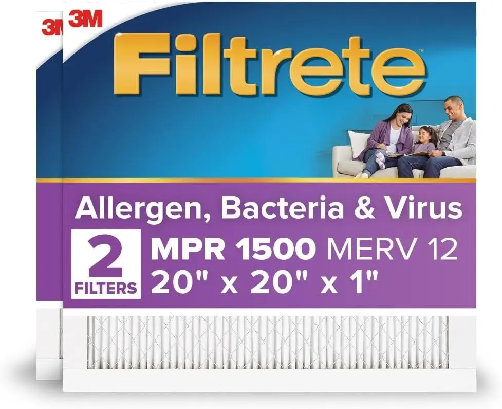 

20x20x1 MERV 12 Air Filter, MPR 1500, Asthma & Allergy Friendly, 3-Month Pleated Electrostatic, 2-Pack