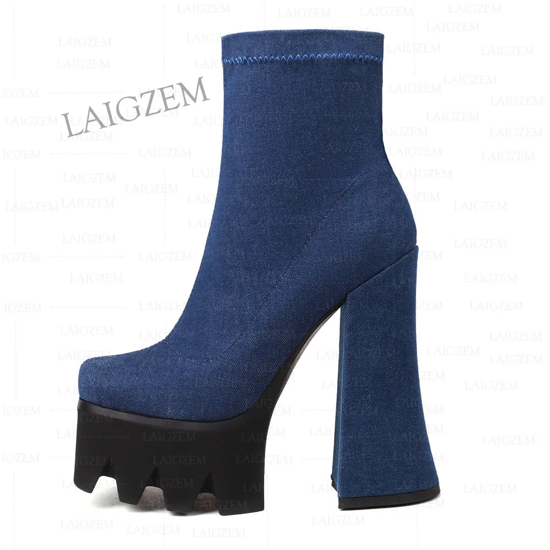 LAIGZEM Women Ankle Boots Platform Elastic Pull On/ Side Zip Chunky Thick High Heels Short Booties Shoes Woman Large Size 41 43