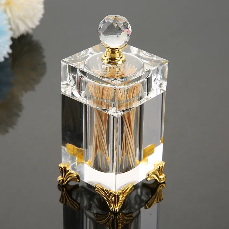 Living Room Home Crystal Glass Toothpick Dispenser with Lid Gold Luxury Decorative Cotton Swab Box Cotton Swab Holder