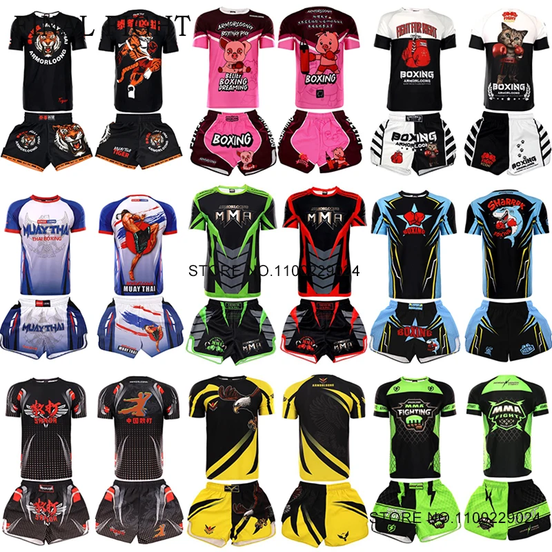 Muay Thai Boxing Shorts and Matching T Shirt Set Printing Kickboxing Cage Fighting Grappling Pants Martial Arts Training Uniform