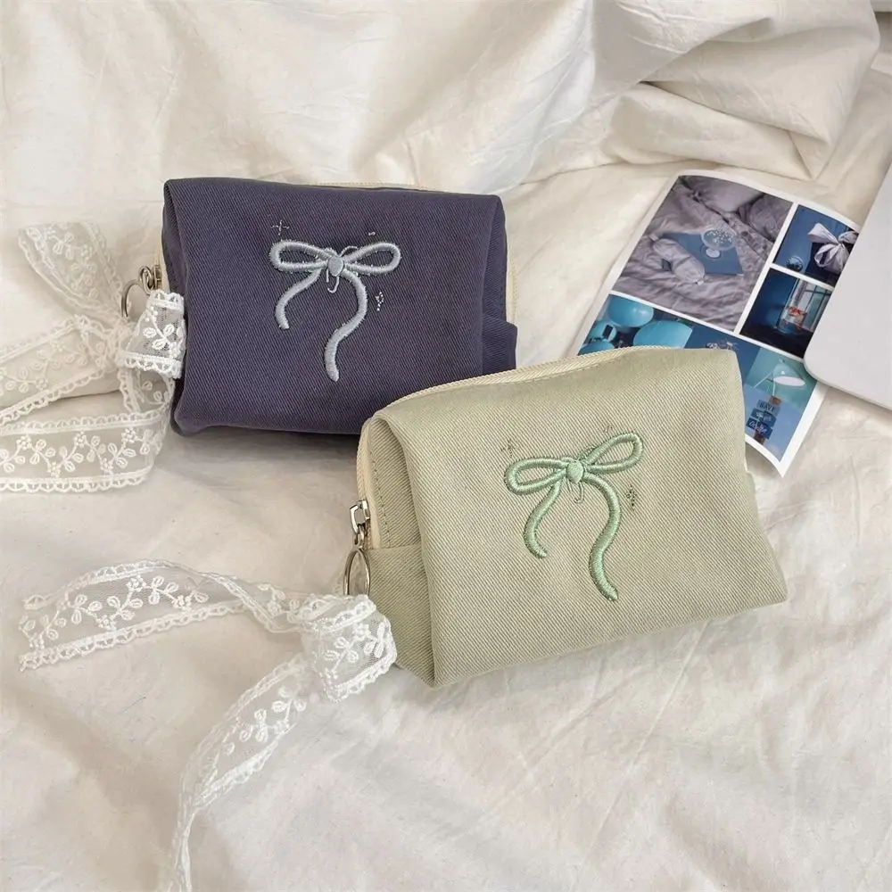 المحمولة القوس محفظة نسائية للعملات المعدنية Bowknot الكورية نمط منديل صحي حقيبة التخزين سستة الحقيبة مع شريطة من الدانتيل لطيف صفر المحفظة