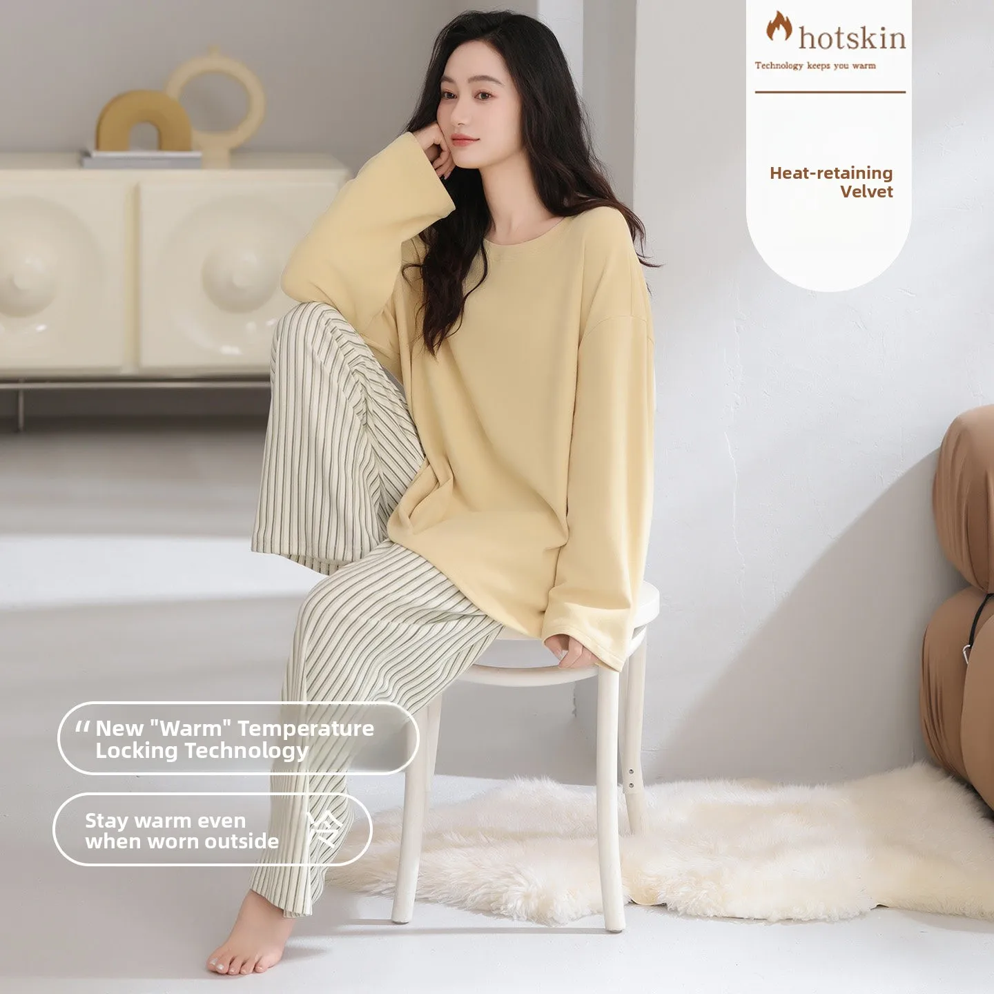 

Thickened Long Sleeve Sleepwear Women's Winter Autumn Home Clothes Set Velvet Brushed round Neck Outwear Possible Home Clothes