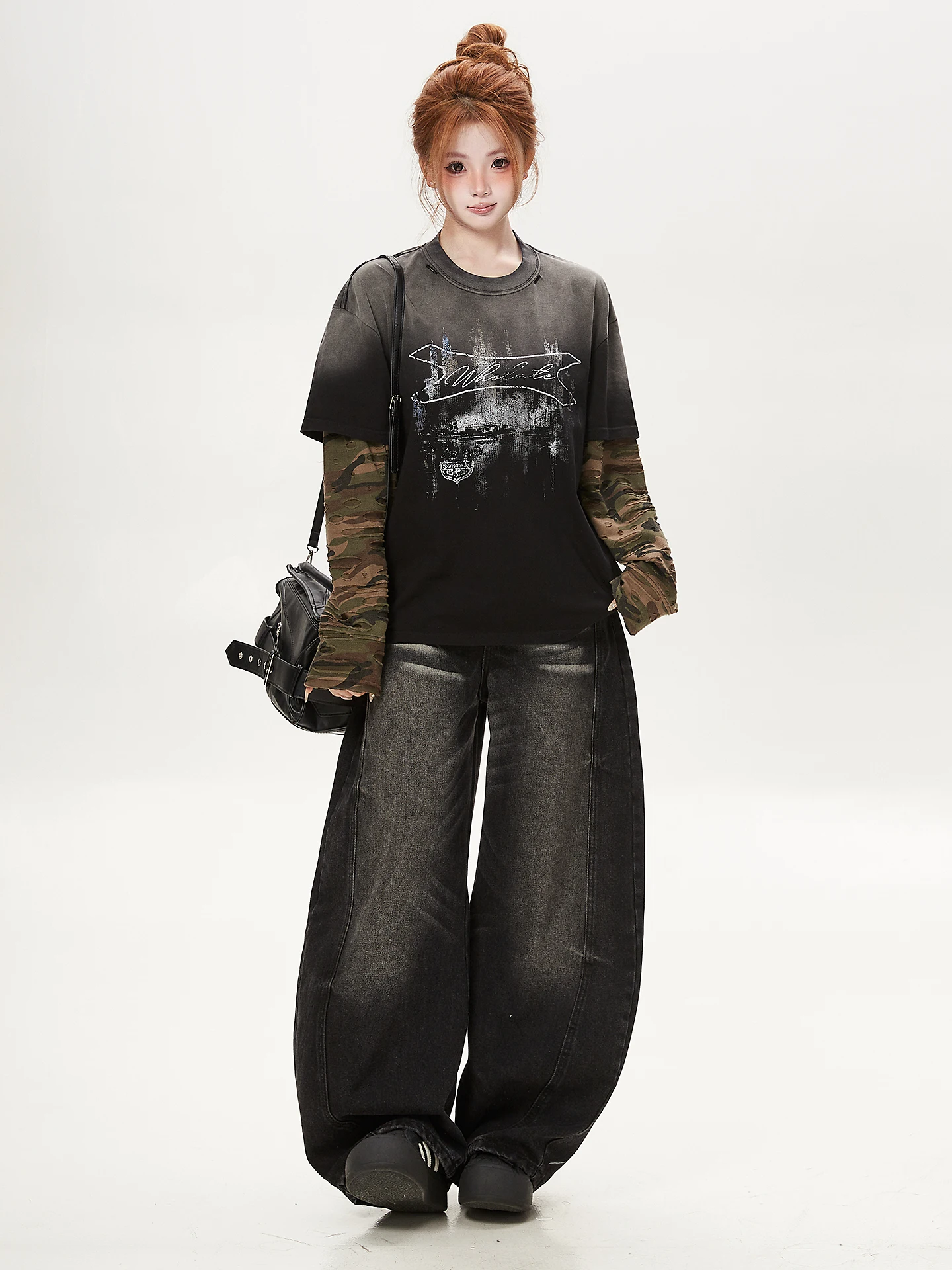 Street Style Camouflage Print Long Sleeve T-Shirt Women's Loose BF Washed Fake Two-Piece Top Ant Pattern Breathable Cotton
