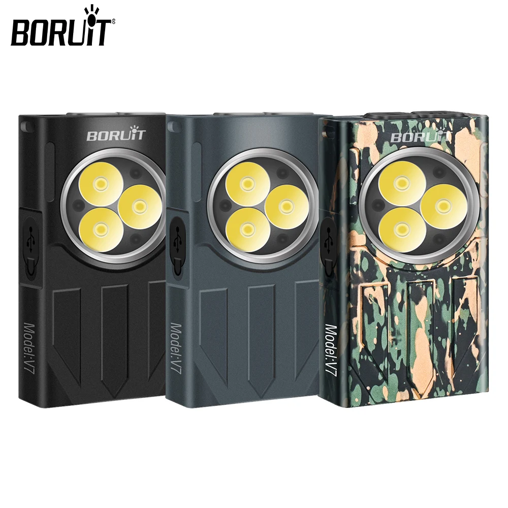 BORUiT V7 Mini COB LED Keychain Flashlight Type-C Rechargeable Lamp Built-in Battery UV Light Camping Fishing Torch with Magnet