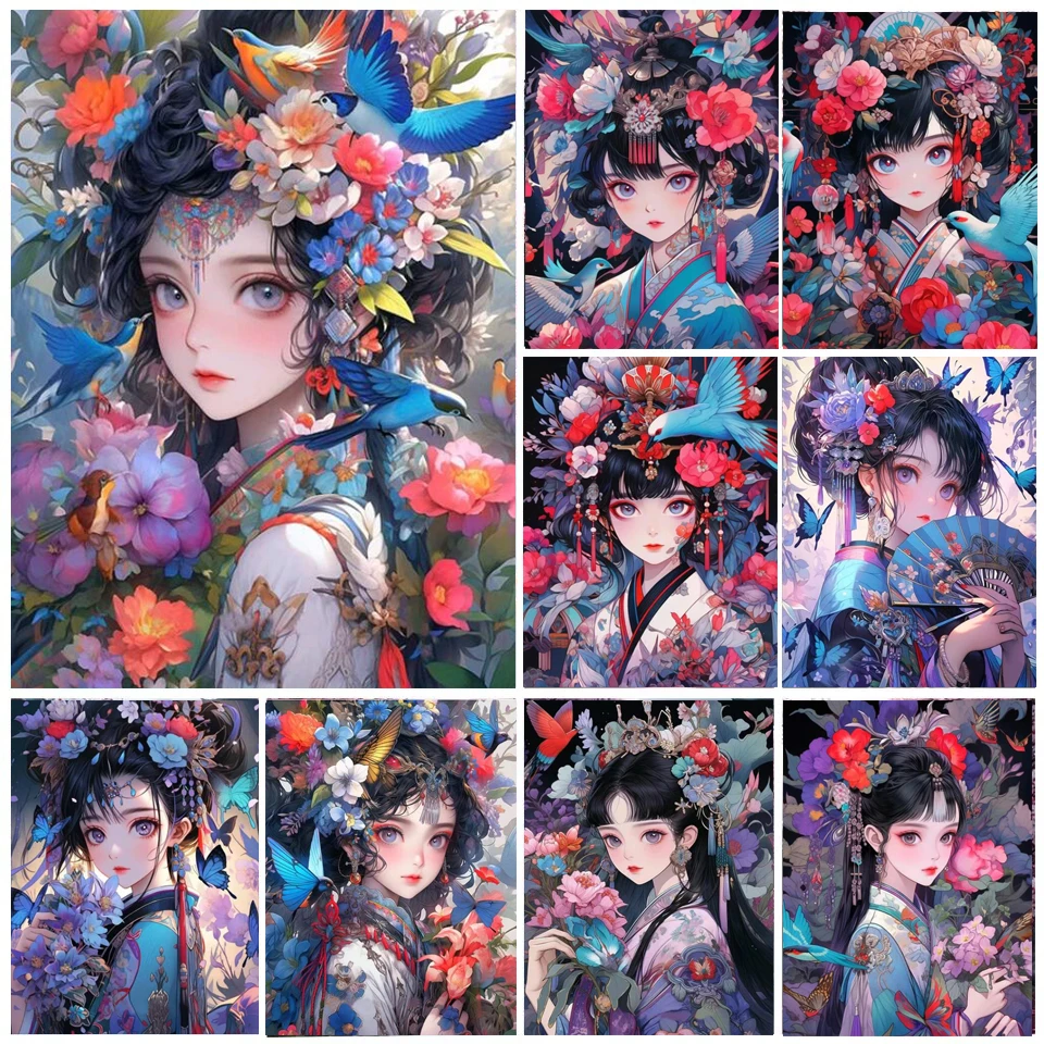 Flower Anime Fairy 5D DIY Diamond Painting Girl Flower and Bird Full Diamond Mosaic Embroidery Cross Stitch Home Decor X1332