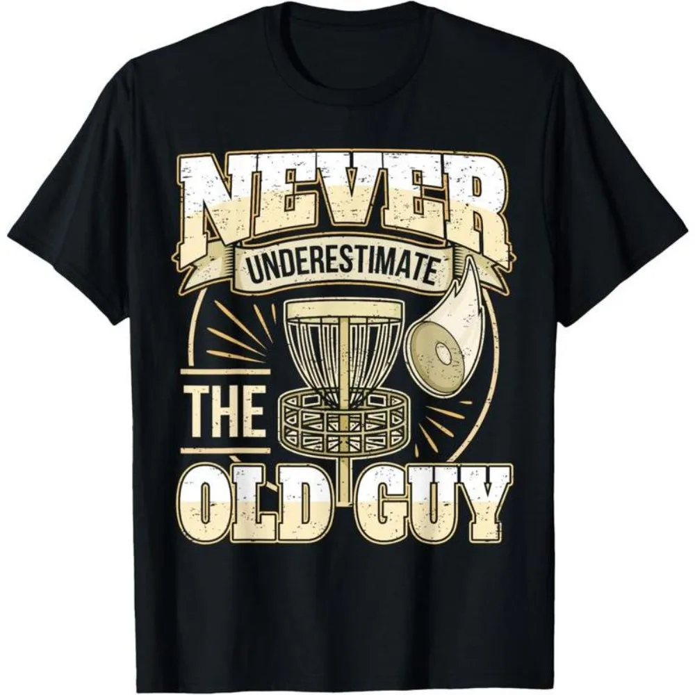 

Disc Golf Player Dad Grandpa Never Underestimate The Old Guy Pattern Tops for Mens Funny Graphic Tee Short Sleeve Print T Shirts