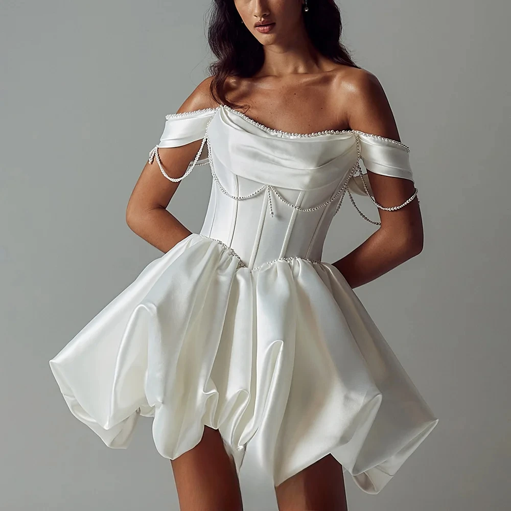Modern Off Shoulder Satin Short Wedding Dresses for Women Corset Bridal Dress with Puff Bubble Skirt Customized