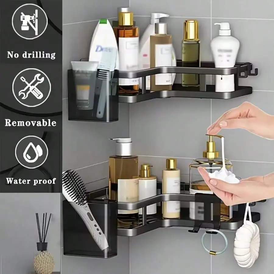 2-Piece Shower Caddy With Hooks, Rust-Proof Carbon Steel Bathroom Shelf, Wall-Mounted Rack Without Drilling. It Can Be Used To Organize And Store Items Such As Body Wash, Shampoo, And Cosmetics In Bathrooms And Restrooms