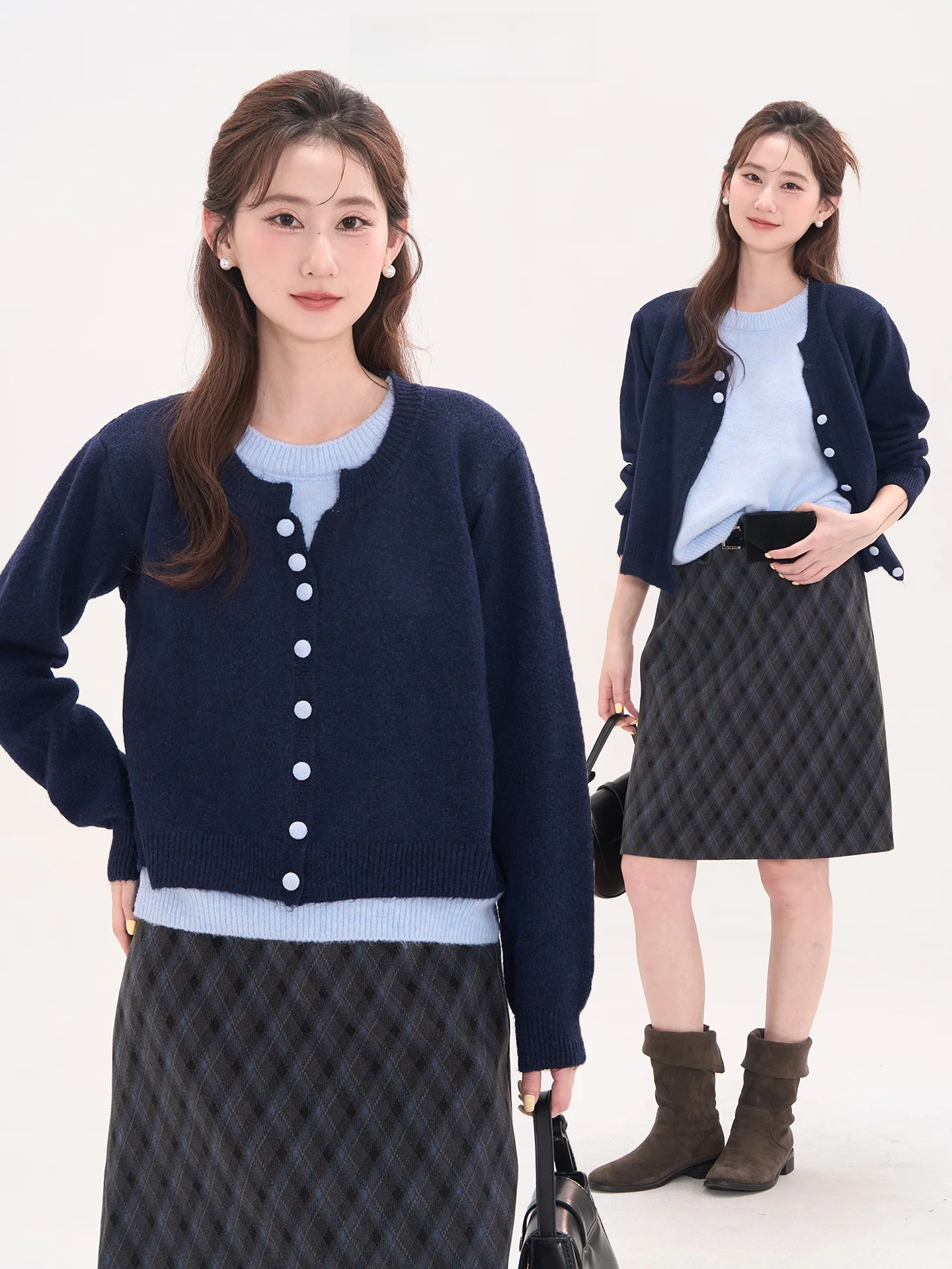 

Heme 6 Wool Blend Knitted Sweater Casual Women's Button up Top Spliced Fake Two-Piece Sle Long Sve round Ne Sweater