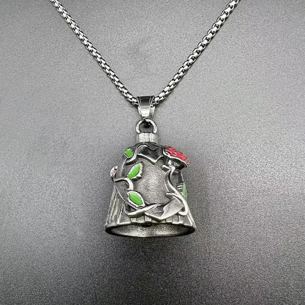 Luck Riding Bell Biker Guardian Lucky Bell Titanium Steel Key Chain with Engraved Rose Vines Hanging Bell for Key Ring Backpack